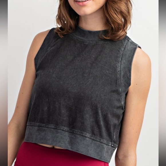 New Rae Mode Cropped Cotton Mineral Washed Sleeveless Top in Black in Sz Large - Picture 2 of 8